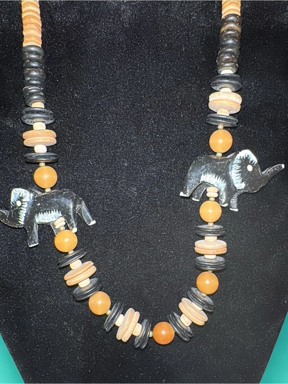 Vintage Handcrafted Elephant Pendant Necklace - Black & Tan Beads